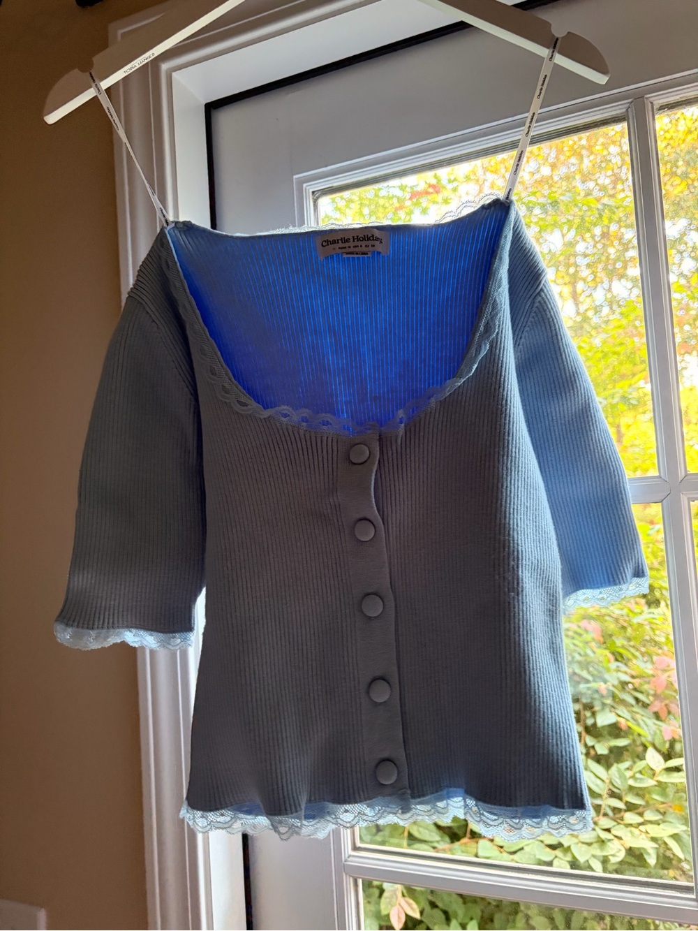 Charlie Holiday Light Blue Ribbed Button Front Off-Shoulder Sweater